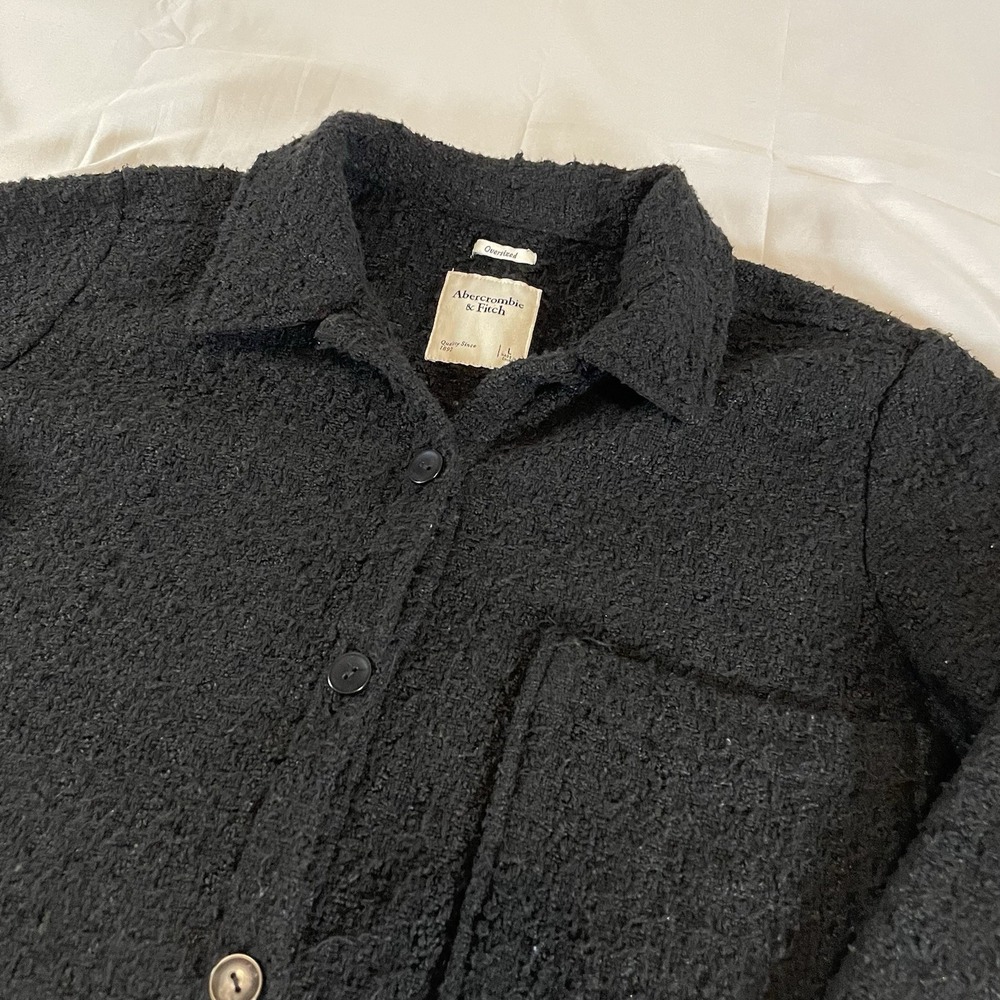 Abercrombie & Fitch Oversized Boucle Shirt Jacket Black Large Shacket Pocket